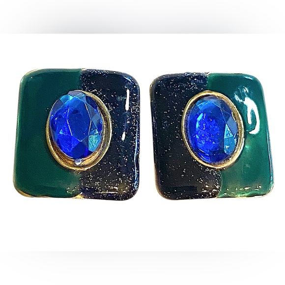 Vintage Blue Green Clip On Earrings - Picture 1 of 3